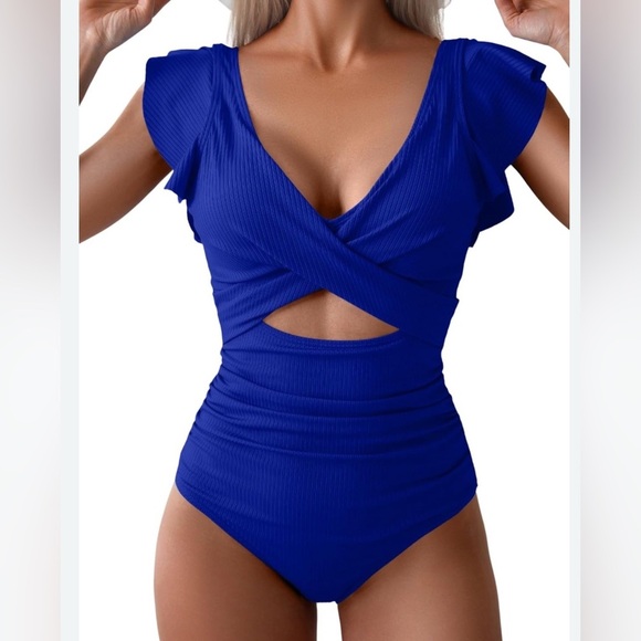 NWT B2Prity Womens One Piece Swimsuit Ruffle Cutout Bathing Suit Slimming Ribbed - Picture 1 of 10